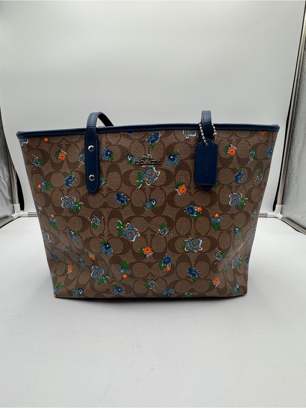 Coach F57888 Floral Signature Zip Tote Blue Khaki Canvas Shoulder Bag